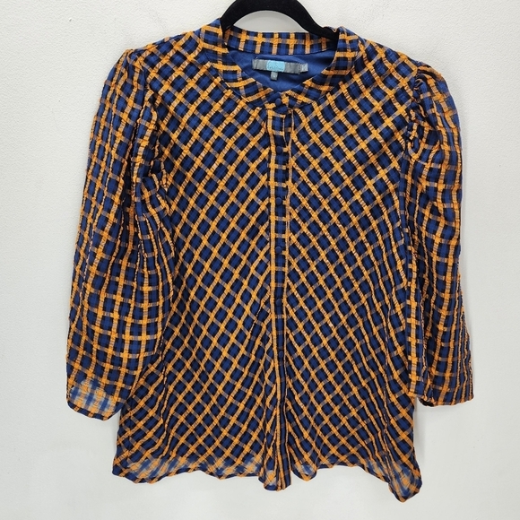 Eva Franco Anthropologie Plaid Button Down Blouse Womens 14 Orange Blue - Picture 2 of 13